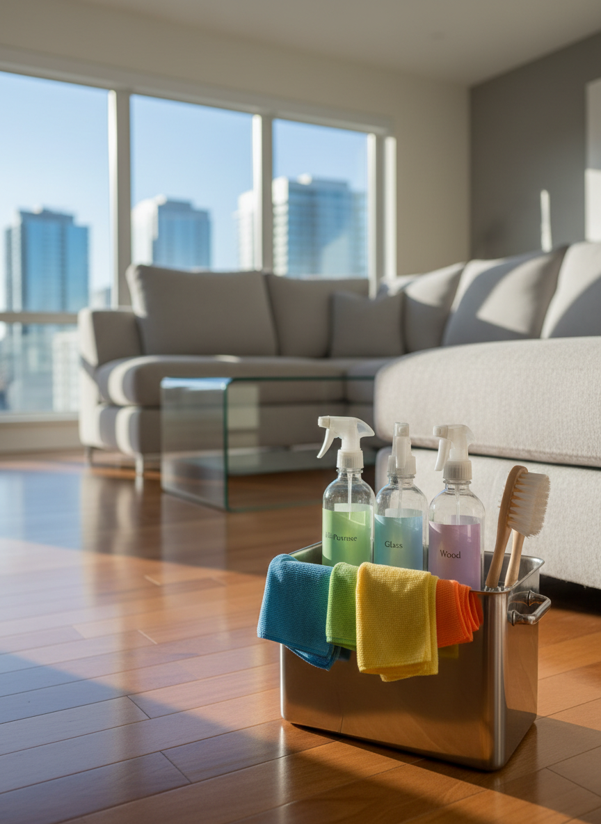 A gleaming stainless-steel cleaning caddy neatly organized with color-coded microfiber cloths, eco-friendly spray bottles, and soft-bristled brushes, resting on the polished hardwood floor of a modern Calgary living room. The room features a spotless glass coffee table, a light gray sectional sofa, and a large window revealing a hint of an urban skyline. Soft afternoon natural light pours in, creating gentle reflections on the floor and subtle highlights on the metallic surfaces. Photographic realism with a clean, modern aesthetic, captured at eye level with a shallow depth of field so the caddy is crisply in focus while the pristine room softly blurs into the background, evoking a professional, trustworthy, and meticulous cleaning service.